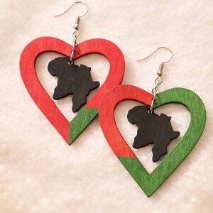 Africa Map Heart Earrings | Red Green Afrocentric Statement Earrings | Wooden